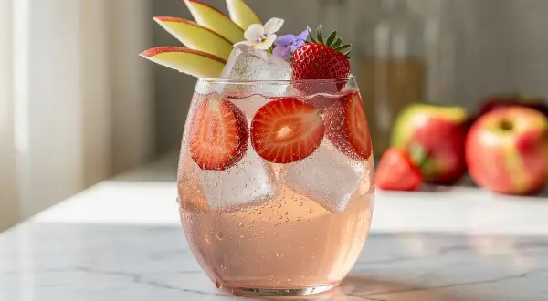 Un spritz rose pétillant garni de fraises et de fines tranches de pomme, parfait pour une recette spritz estivale.