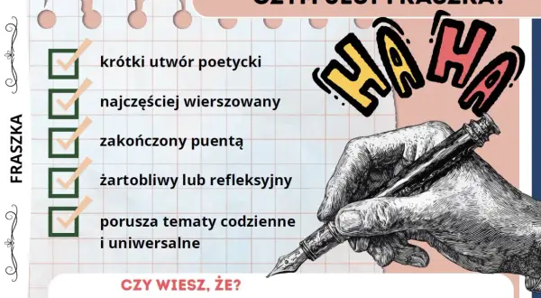Co to fraszka? Krótki, wierszowany utwór z puentą, często żartobliwy. Ilustracja przedstawia piszącą rękę i hasło "HAHA".