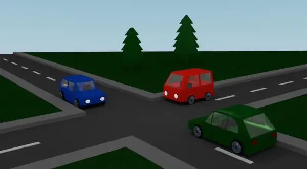 Trzy samochody na skrzyżowaniu równorzędnym. Kto ma pierwszeństwo? Zgodnie z zasadą prawej ręki, zielony samochód ustępuje czerwonemu, a niebieski zielonemu.