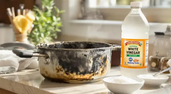 Comment nettoyer une casserole brûlée vinaigre blanc : une casserole très sale à côté d'une bouteille de vinaigre blanc et de bicarbonate de soude.