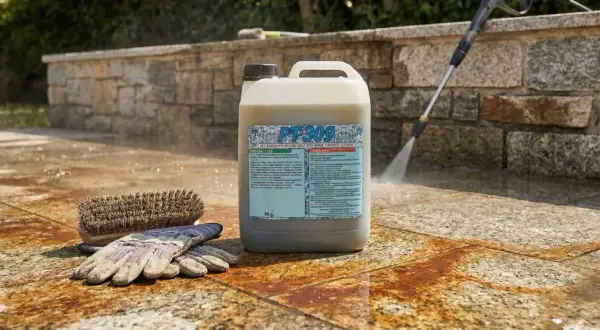 Flacone di prodotto idrorepellente a cosa serve: protegge le superfici esterne da macchie e umidità, con spazzola e guanti pronti all'uso.
