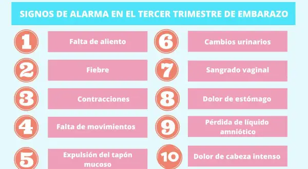 Lista de signos de alarma en el tercer trimestre de embarazo, incluyendo sangrado vaginal.