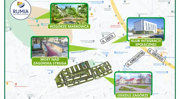 Mapa pokazuje rewitalizację Zagórza w Rumi. Znajduje się tu Wzgórze Markowca, Most nad Zagórską Strugą i Osiedle Zagórze.