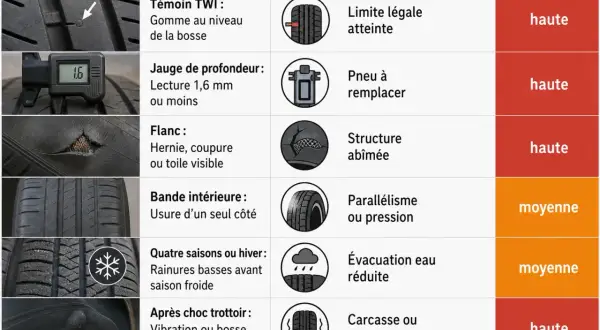 Tableau comparant les symptômes de pneus usés (TWI, jauge de profondeur, flanc, bande intérieure, rainures basses, bosse latérale) à leurs causes probables et à l'urgence. Un pneu lisse est à remplacer.