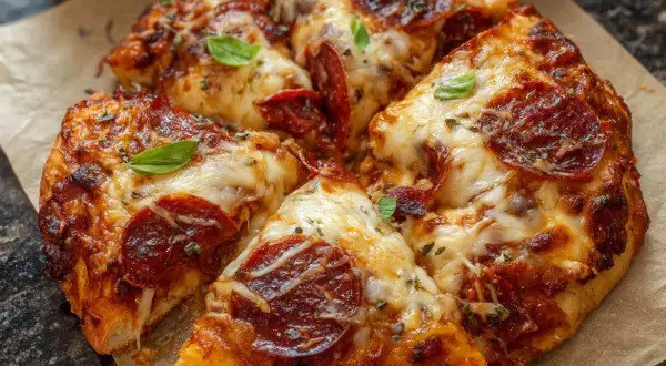 Pyszna pizza pepperoni z ciągnącym serem, przygotowana w **air fryerze**. Idealna na szybką przekąskę.