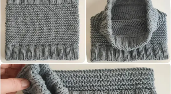 Dettagli di un scaldacollo grigio lavorato a maglia, con diverse texture. Ideale per misurare le dimensioni di un scaldacollo uncinetto fai da te.