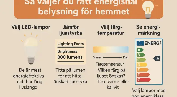 Välj en energisnål lampa: LED är effektivt. Jämför ljusstyrka (lumen), färgtemperatur och energimärkning (A är bäst).