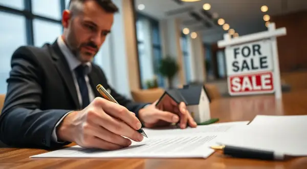Biznesmen podpisuje dokumenty dotyczące sprzedaży nieruchomości. Czy można sprzedać udział w nieruchomości? Tak, to możliwe.