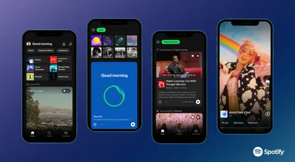 Four phone screens showcase the Spotify app, featuring music, podcasts, and a live video. One screen displays "Good morning" with music options, another shows a podcast episode, and the last features a vibrant music video, highlighting Spotify live exp...