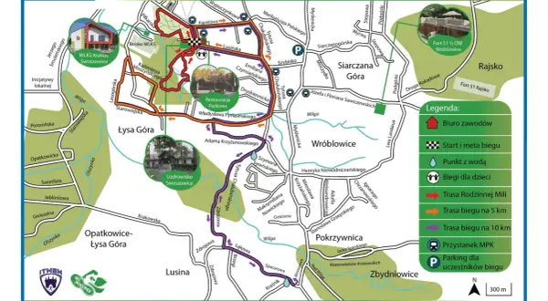 Mapa tras 12. Krakowskiego Biegu Swoszowickiego. Pokazuje dojazd do Swoszowic, punkty startu i mety, punkty z wodą, parkingi i przystanki MPK.