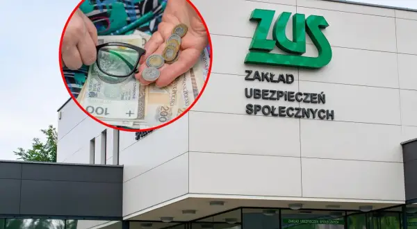 Ręce z pieniędzmi i okularami przed budynkiem ZUS. Dowiedz się, jak obliczyć składkę zdrowotną od emerytury.