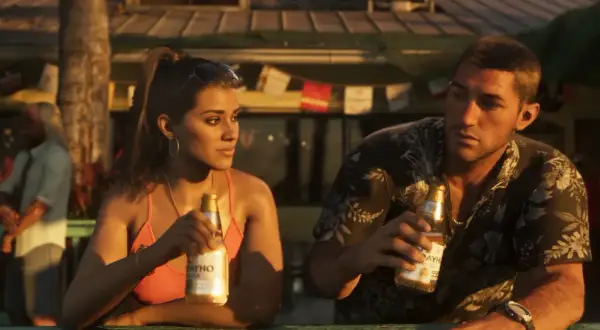 Lucia z GTA 6 i jej partner piją piwo na plaży.