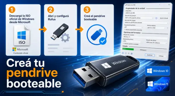 Guía para crear un pendrive booteable de Windows 10 gratis. Descarga la ISO oficial de Microsoft, configura Rufus y crea tu unidad USB.