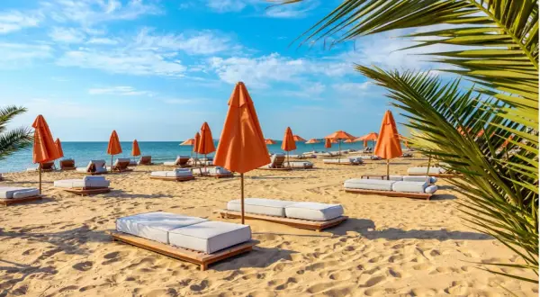 Słoneczny dzień na plaży z pomarańczowymi parasolami i leżakami na złotych piaskach.