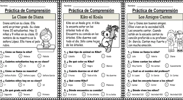 Hojas de comprensión lectora para practicar la lectura y el entendimiento de textos.