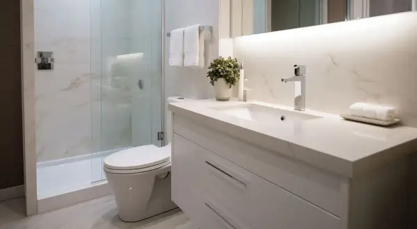 Baño moderno con ducha de cristal, inodoro y lavabo. Las paredes de mármol y el **pladur para baños** crean un ambiente elegante y funcional.