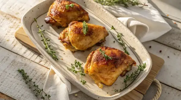 Trois belles cuisses de poulet au four, dorées et savoureuses, garnies de thym frais sur un plat en céramique.