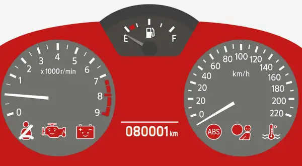Kontrolki Audi: wskaźnik paliwa, obrotomierz, prędkościomierz, przebieg 80001 km, kontrolki ABS, pasów, silnika, akumulatora, temperatury.
