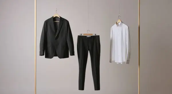 Ein dunkler Anzug, eine schwarze Hose und ein weißes Hemd hängen an einem Holzrahmen. Die Hose zeigt, wie lang eine Anzughose sein muss.