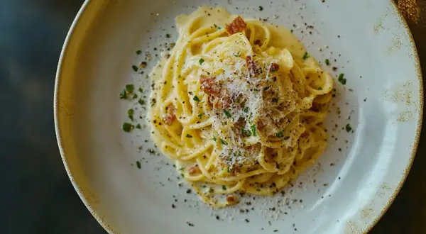 Spaghetti Carbonara, ein cremiges Gericht mit Speck und Parmesan, serviert auf einem Teller. Ein köstliches, authentisches Rezept, das Lust auf mehr macht.