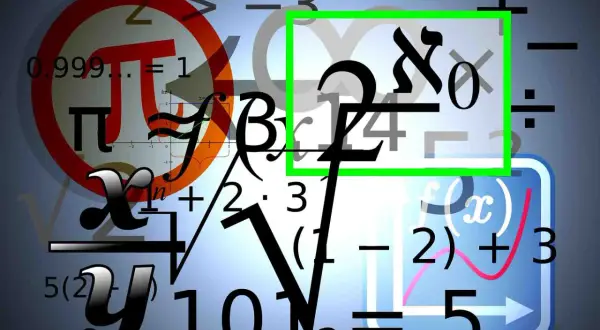 Tło z matematycznymi symbolami i równaniami, w tym grecką literą Pi i symbolem alef.