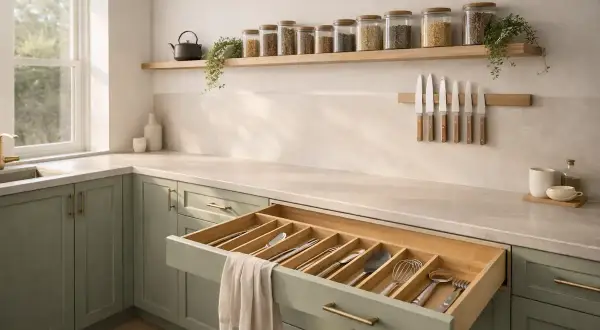 Tiroir de cuisine ouvert avec un organisateur de couverts en bois, parfait pour un plan de travail bien rangé.