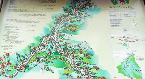 Mapa ilustrado de la Senda del Oso, con consejos para disfrutar del bosque y la fauna.