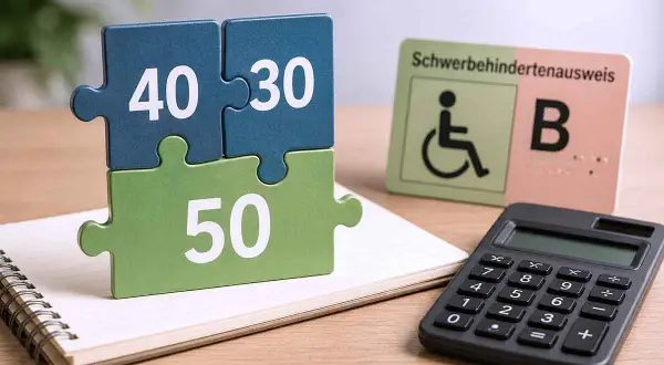Puzzle-Teile mit Zahlen 40, 30, 50 und ein Schwerbehindertenausweis deuten auf die Berechnung GDB mehrerer Krankheiten hin.