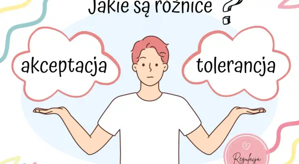 Ilustracja przedstawia postać z dwiema chmurkami: "akceptacja" i "tolerancja". Dyskutuje o rodzajach tolerancji i akceptacji.