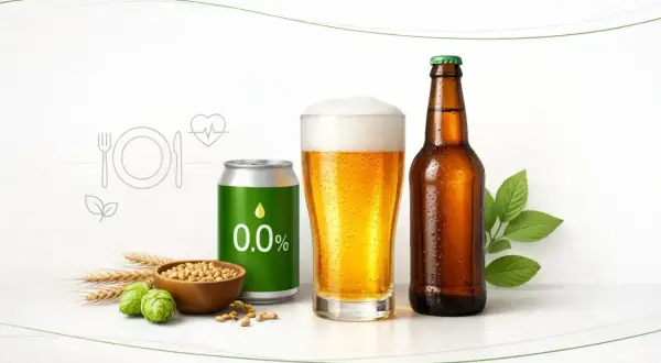 Czy piwo bezalkoholowe nawadnia lepiej niż woda? Puszka 0.0%, kufel i butelka piwa, obok składników i symboli zdrowia.