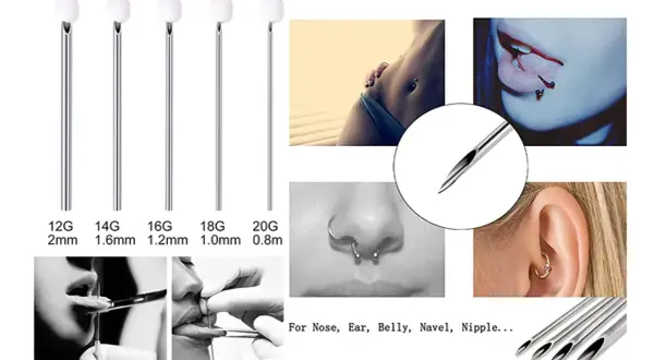 Igły do piercingu: 12G (2mm), 14G (1.6mm), 16G (1.2mm), 18G (1.0mm), 20G (0.8mm). Jaki wenflon do nostrila? Zobacz przykłady piercingu nosa, uszu, języka.