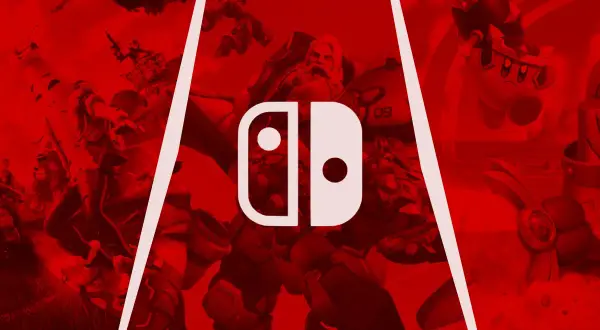 Darmowe gry na Nintendo Switch: zobacz bohaterów z gier akcji i Kirby'ego na tle logo konsoli.
