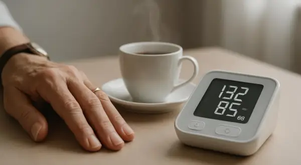 Mano con anello, tazza di caffè fumante e misuratore di pressione. Il caffè abbassa pressione? Forse, ma la misurazione è 132/85.