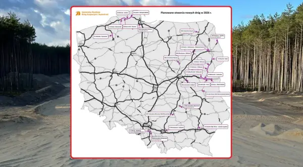 Mapa planowanych nowych dróg w Polsce, w tym fragmenty trasy S1. Obok widok budowy drogi w lesie.