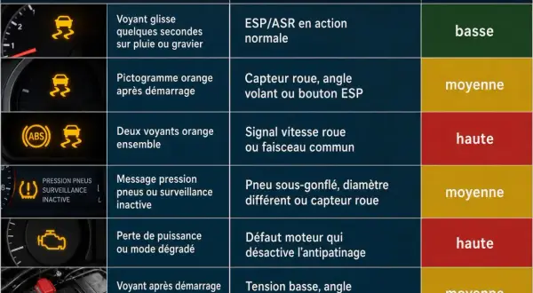 Tableau des voyants de voiture : voyant glisse orange, voyant moteur, ABS, pression pneus. Causes et urgence.