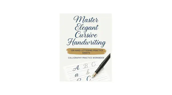 Calligraphy practice workbook showing elegant cursive handwriting, with the letter 'a' and other letters being practiced.