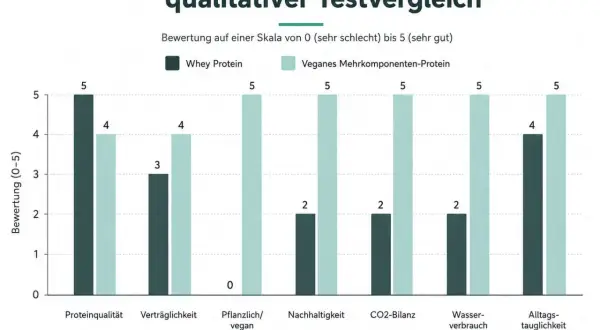 Vergleich von Whey und veganem Protein. Die Herstellung von Proteinpulver wird anhand von Kriterien wie Proteinqualität und Nachhaltigkeit bewertet.