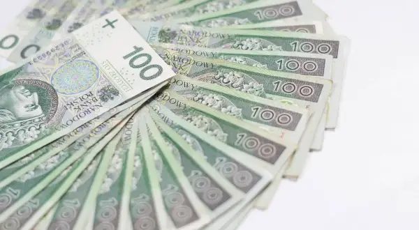 Stos stuzłotowych banknotów, ułożonych wachlarzowo. Idealne na świadczenie urlopowe, by odpocząć i cieszyć się wolnym czasem.