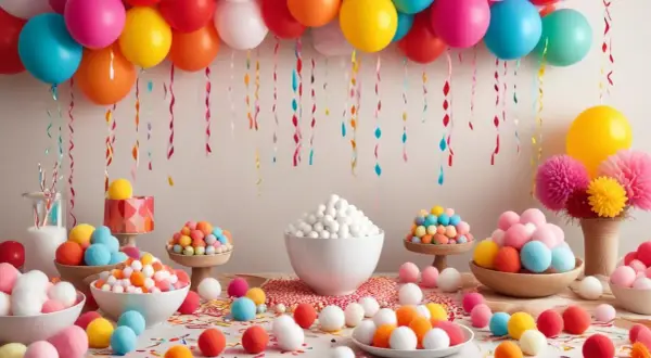 Färgglada ballonger och konfetti skapar en festlig stämning. Bordet är fyllt med sötsaker och bollar i olika färger, perfekta för roliga smaktester.