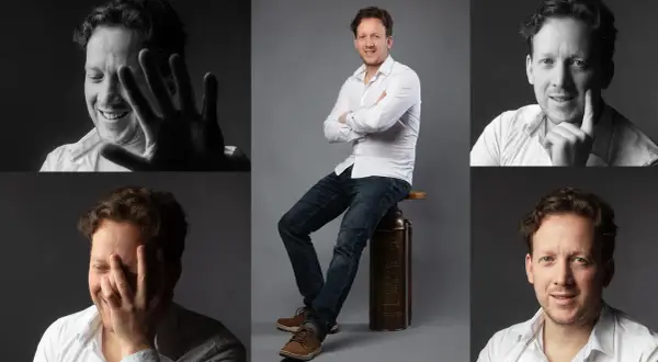 Collage de portraits d'un homme souriant en chemise blanche. Une photo corporate qui capture sa personnalité.