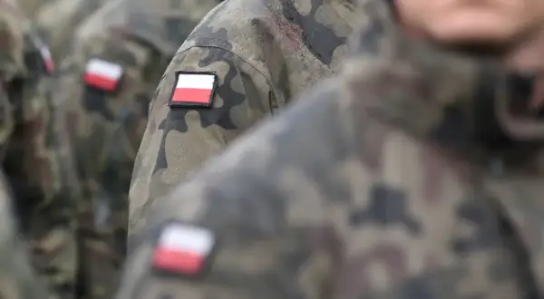 Żołnierze w mundurach moro z polskimi flagami na ramionach. Kategoria wojskowa d.
