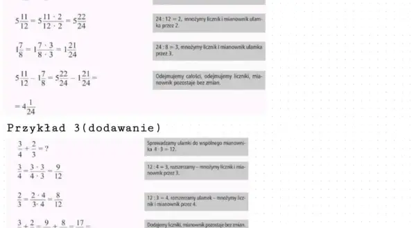 Przykład odejmowania i dodawania ułamków o różnych mianownikach z wyjaśnieniami.