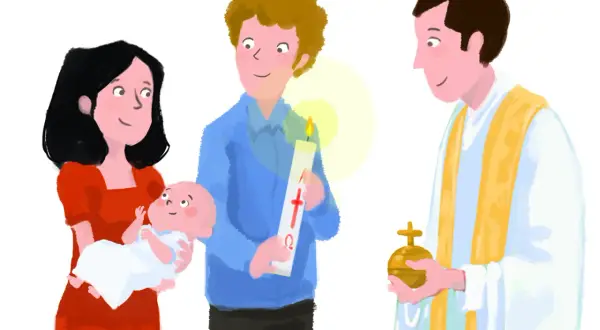 Cérémonie de baptême : une mère tient son bébé, un homme porte une bougie, et un prêtre bénit l'eau. L'origine du parrain et de la marraine est ici symbolisée.