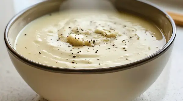 Krämig blomkålssoppa, perfekt för ett mysigt blomkålssoppa recept. Toppad med peppar och små blomkålsbitar.