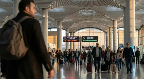 Ludzie z bagażami w nowoczesnym terminalu lotniska, gdzieś w tle znaki "Customs Control" i "Green Channel". Zastanawiasz się, ile alkoholu można przewieźć do Turcji?