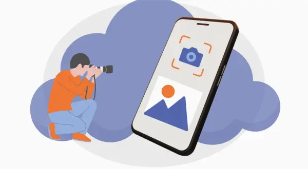 Captura de pantalla Android: fotógrafo toma foto de paisaje en móvil.