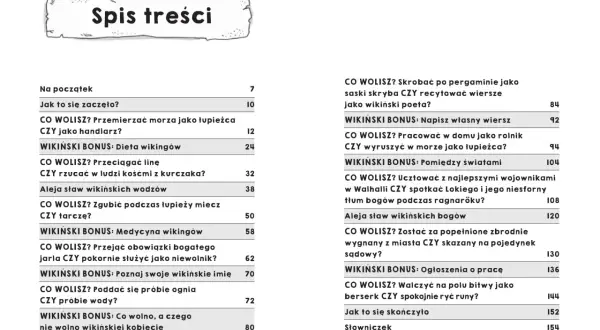 Spis treści z quizami "Co wolisz?" o wikingach, ich życiu, wierzeniach i przygodach.