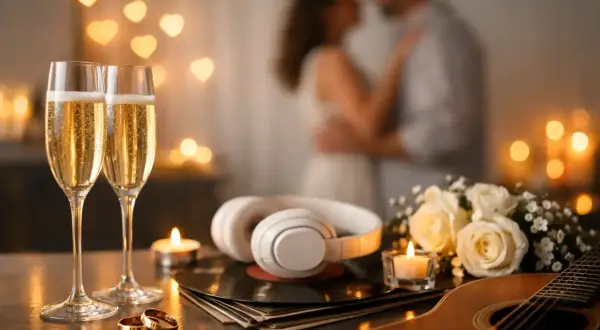 Coppie di fedi, champagne e una chitarra creano l'atmosfera perfetta per una canzone per anniversario di matrimonio.