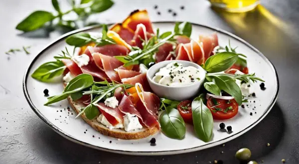 Bruschetta garnie de speck italien, fromage frais, tomates cerises et basilic. Un délice méditerranéen.