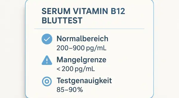 Serum Vitamin B12 Bluttest: Normalbereich 200-900 pg/mL. Mangelgrenze < 200 pg/mL. Zu viel Vitamin B12 Symptome sind selten, aber ein Mangel kann zu neurologischen Problemen führen.
